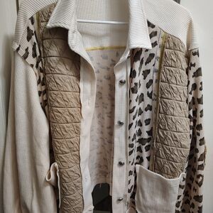 POL Quilted Leopard Cardigan with Cream and Tan